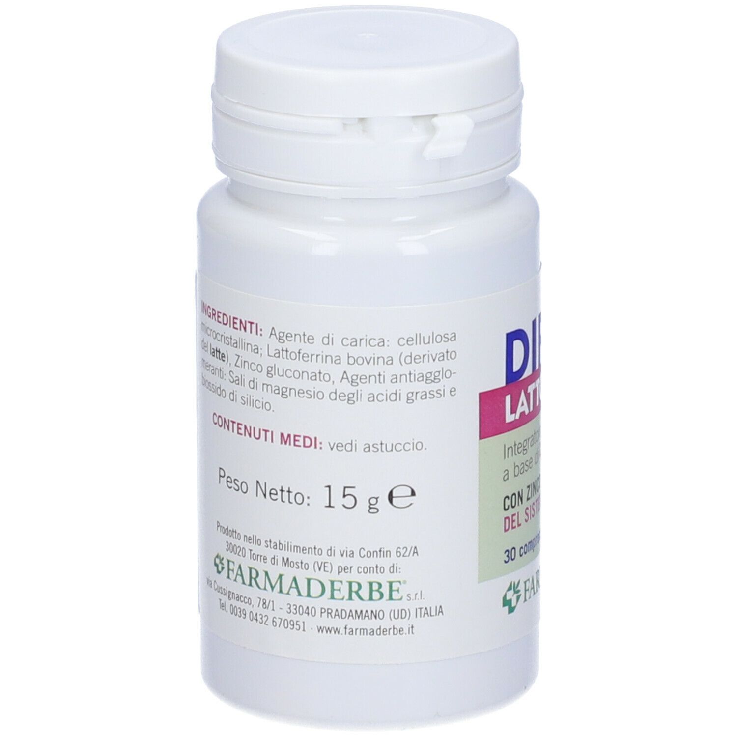 Rückseite der Flasche DIFES-X Lactoferrin 200 mit Zink Tabletten. Inhaltsstoffe und Informationen.