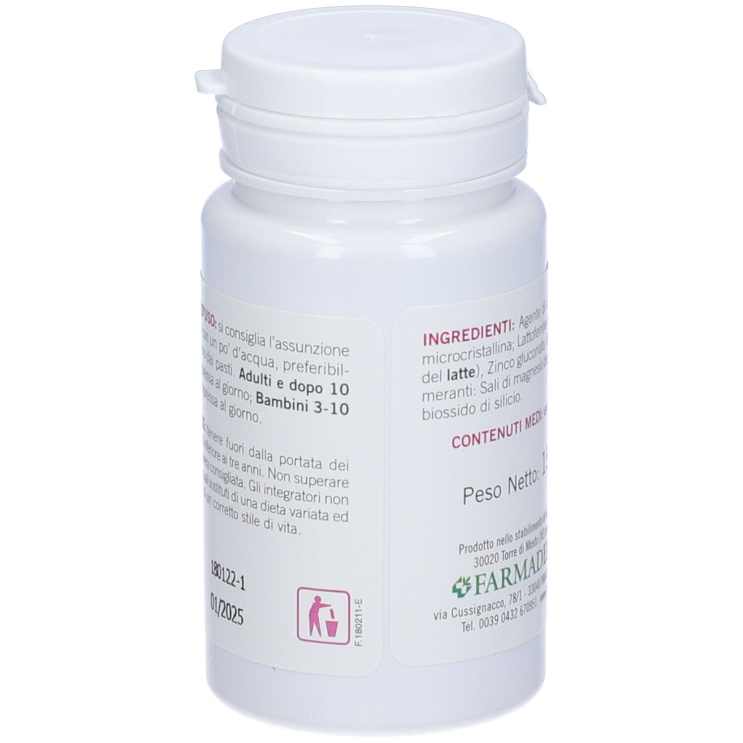Rückseite der Flasche DIFES-X Lactoferrin 200 mit Zink Tabletten. Informationen und Gewicht.