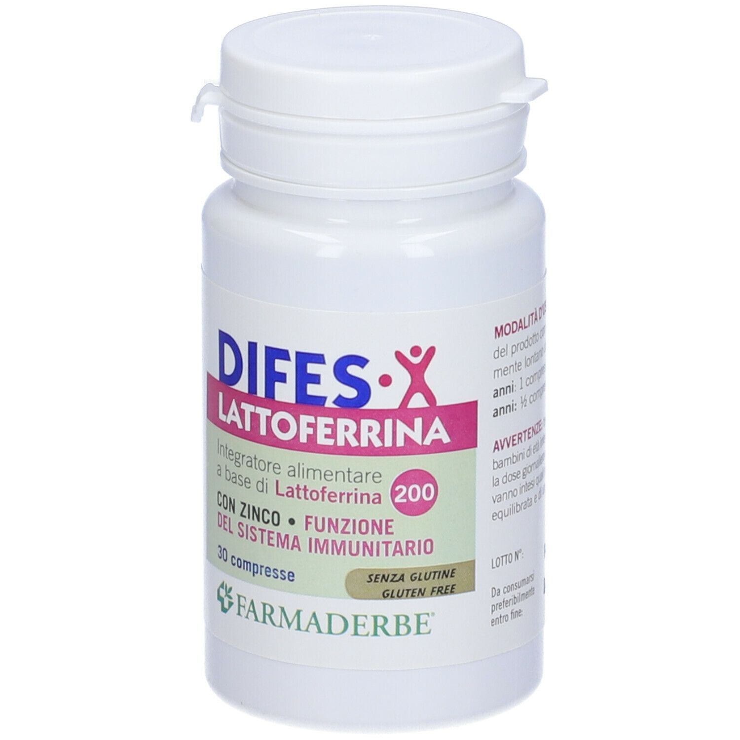 Flasche DIFES-X Lactoferrin 200 mit Zink Tabletten. Informationen und Haltbarkeitsdatum.