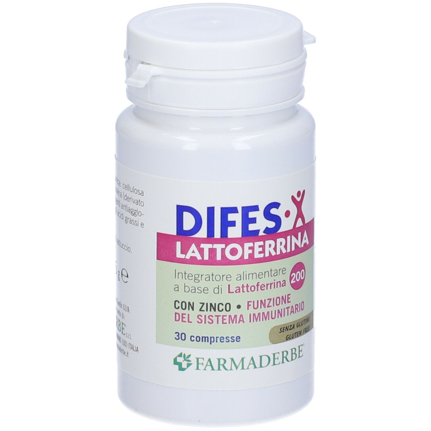 Flasche DIFES-X Lactoferrin 200 mit Zink Tabletten. Produktinformationen und Marke FARMADERBE.