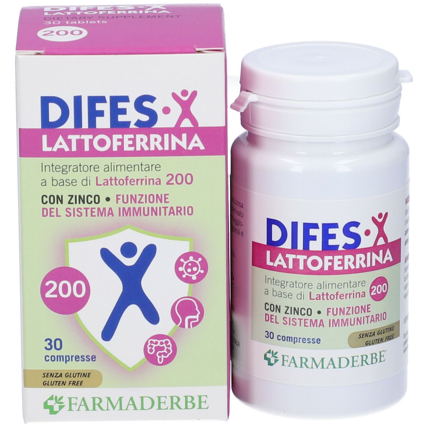 DIFES-X Lactoferrin 200 mit Zink Tabletten. Produktverpackung und Flasche. 30 Tabletten. Marke FARMADERBE.