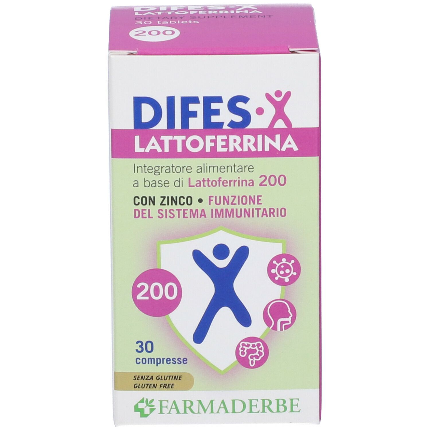 Produktverpackung DIFES-X Lactoferrin 200 mit Zink Tabletten. 30 Tabletten. Marke FARMADERBE.