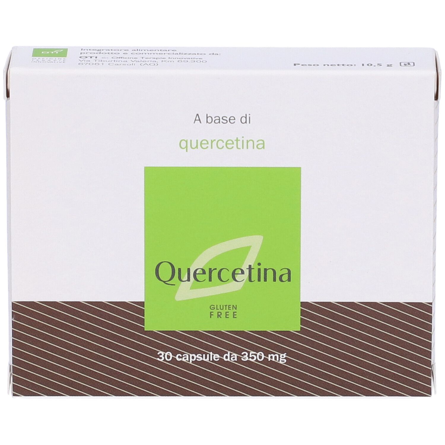 Boîte de gélules de quercétine. Design vert et blanc. Inscription : Quercetina, sans gluten, 30 gélules. Rayures marron en bas.