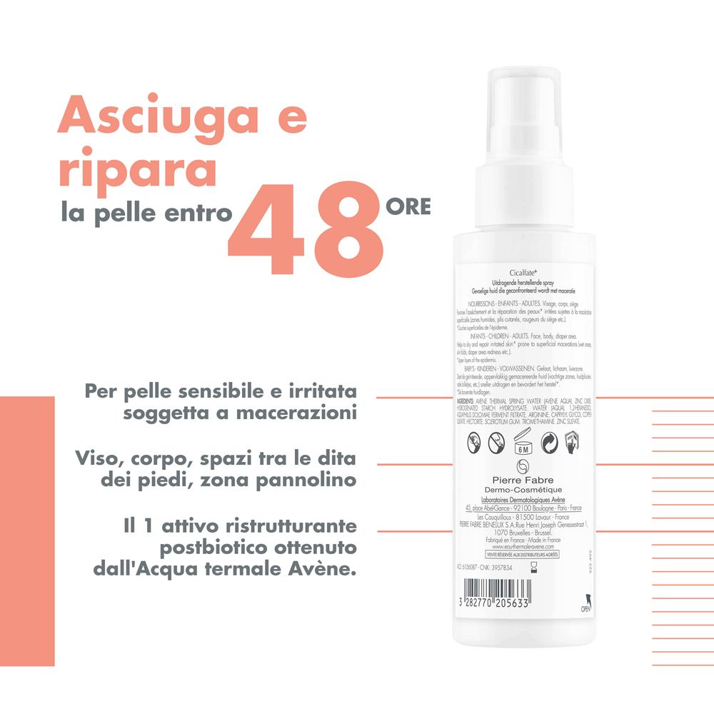 Spray Eau Thermale Avène. Texte : Asciuga e ripara la pelle entro 48 ore. Pour peaux sensibles et irritées.