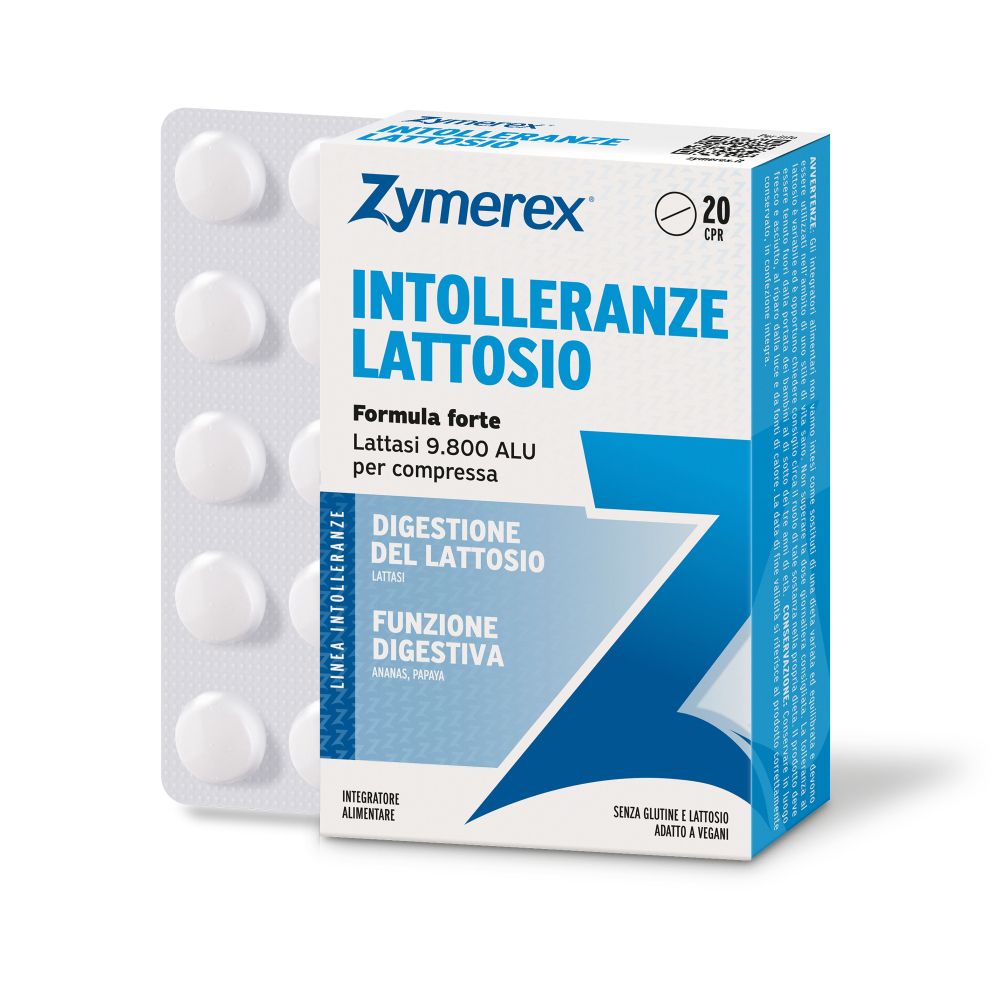 Blisterpackung mit Tabletten und Schachtel mit Produktnamen Zymerex Intolleranze Lattosio. 20 Tabletten.