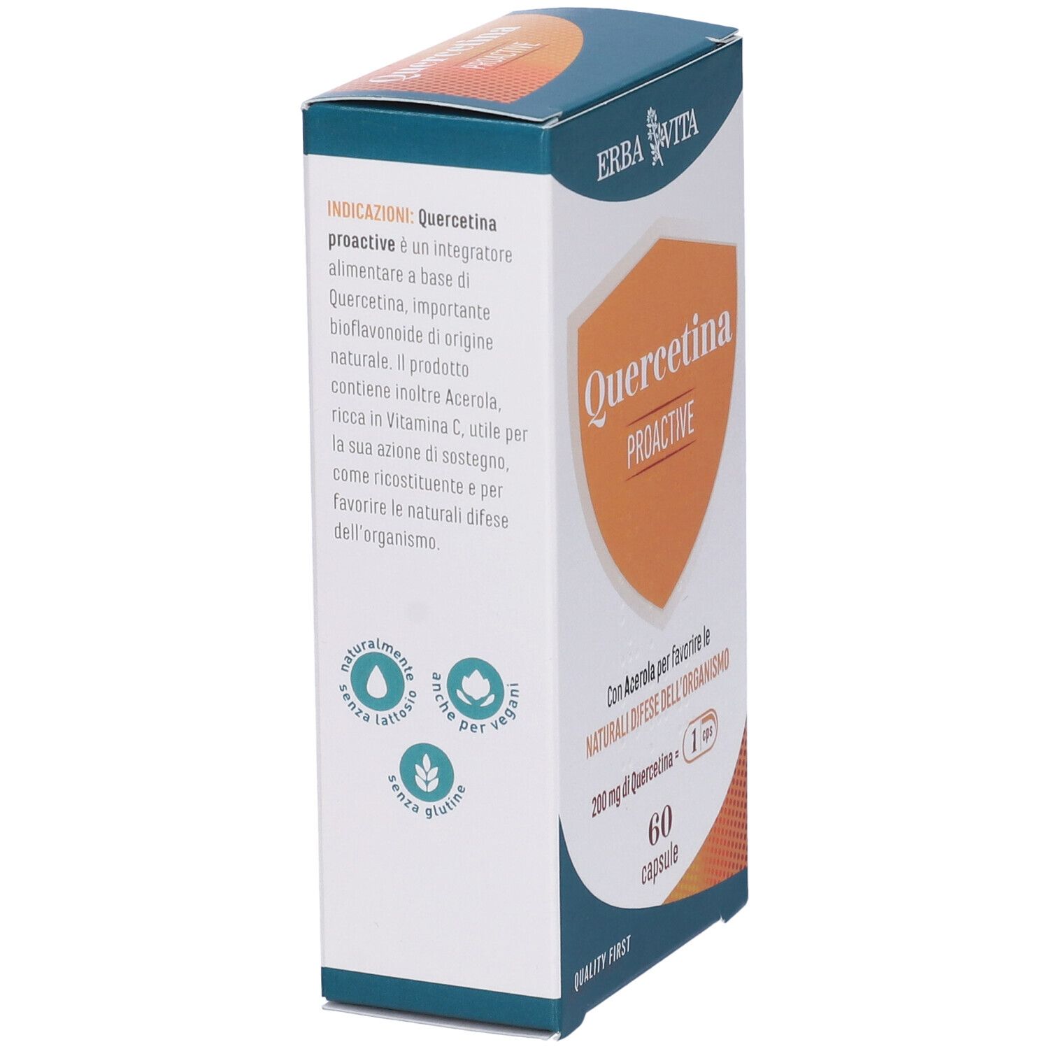 Boîte QUERCETINA PROACTIVE, vue latérale. Texte et logos. Marque : Erba Vita. 60 gélules.