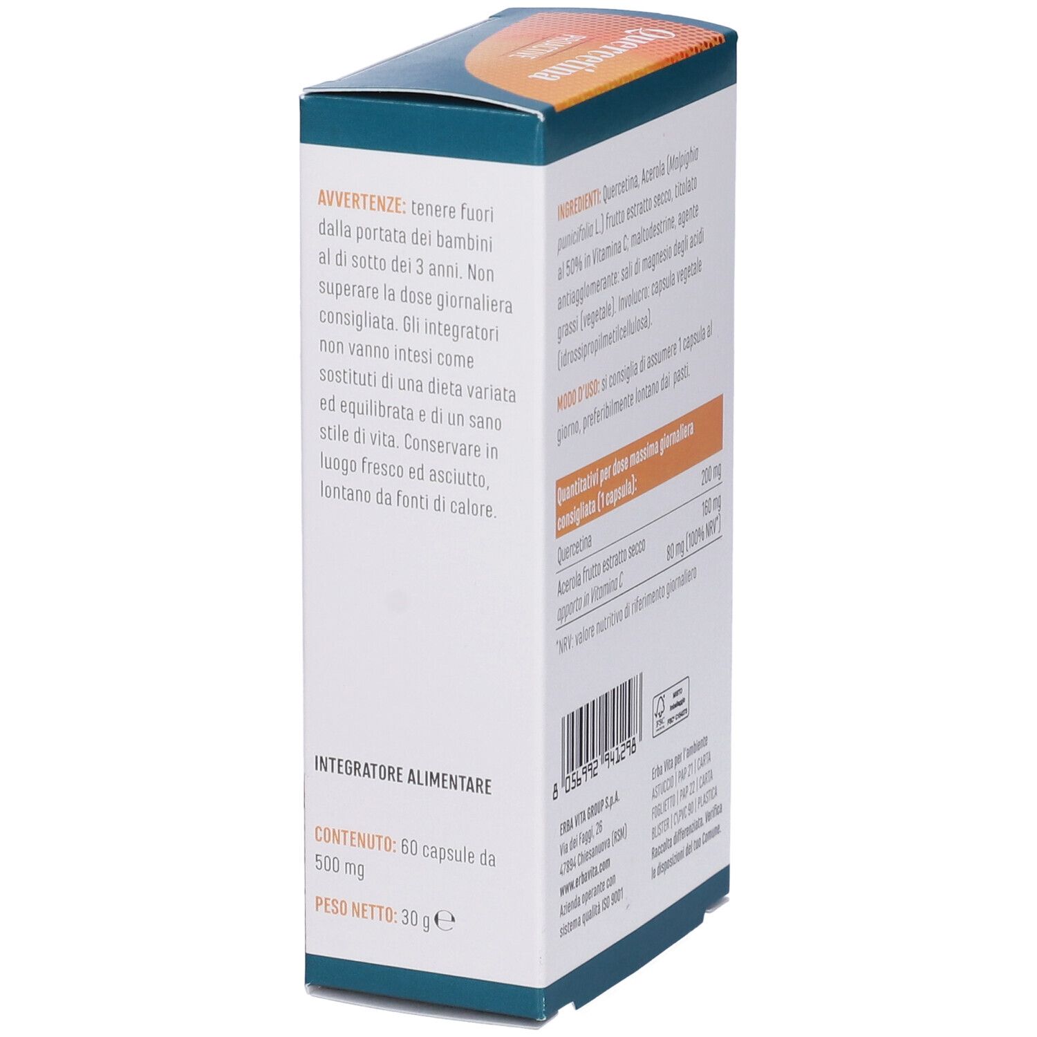 Boîte QUERCETINA PROACTIVE, vue latérale. Avertissements, contenu. Marque : Erba Vita. 60 gélules.