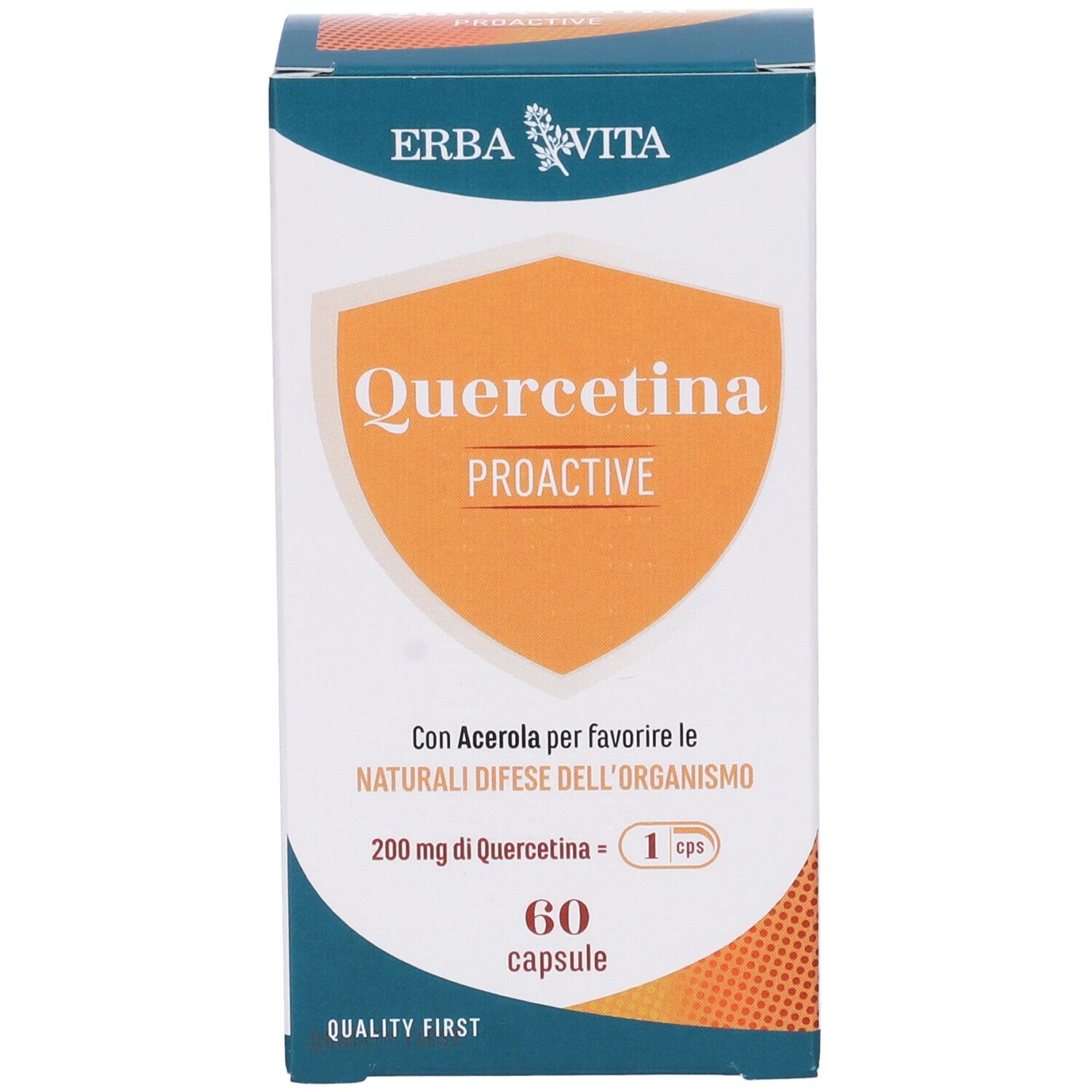 Boîte QUERCETINA PROACTIVE. Écusson orange avec texte. 60 gélules. Marque : Erba Vita.