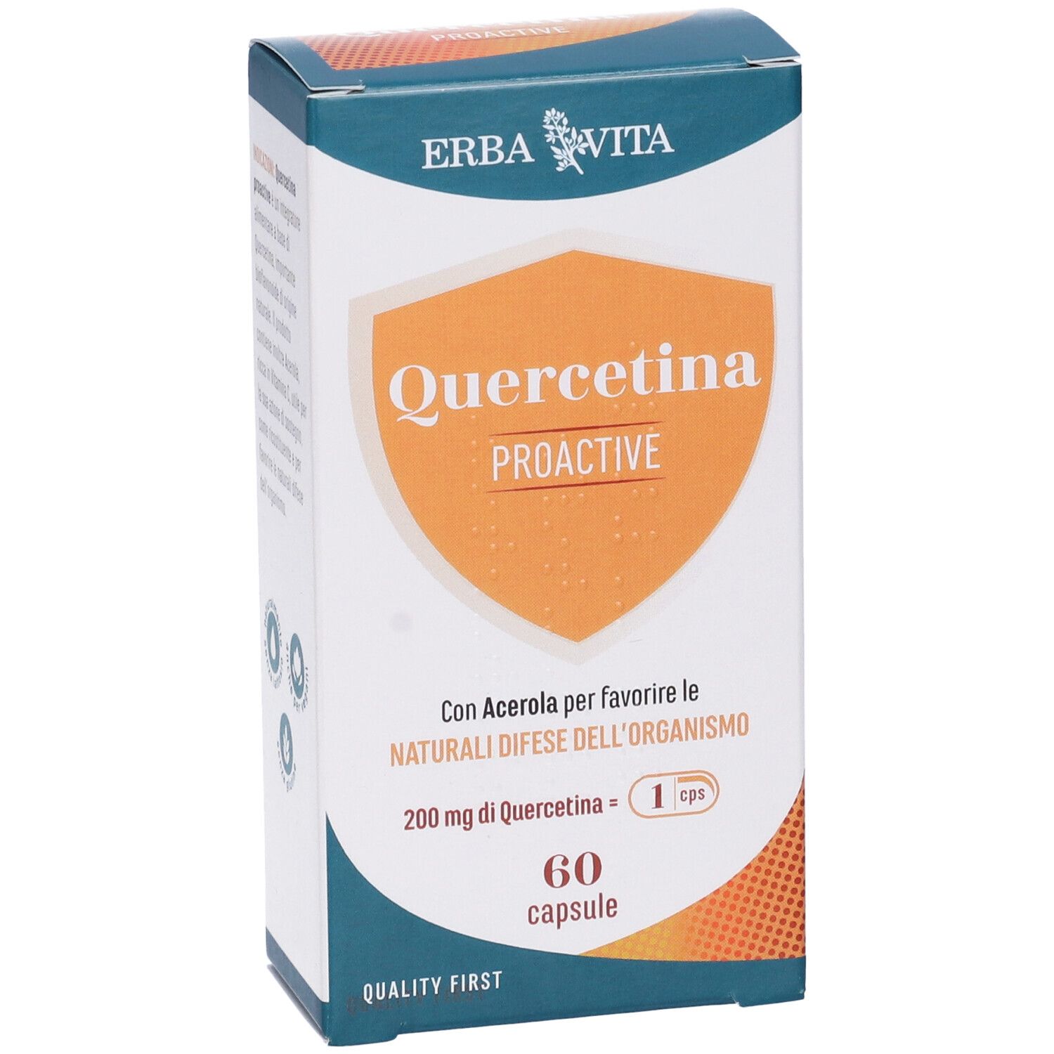 Boîte QUERCETINA PROACTIVE. Écusson orange avec texte. 60 gélules. Marque : Erba Vita.