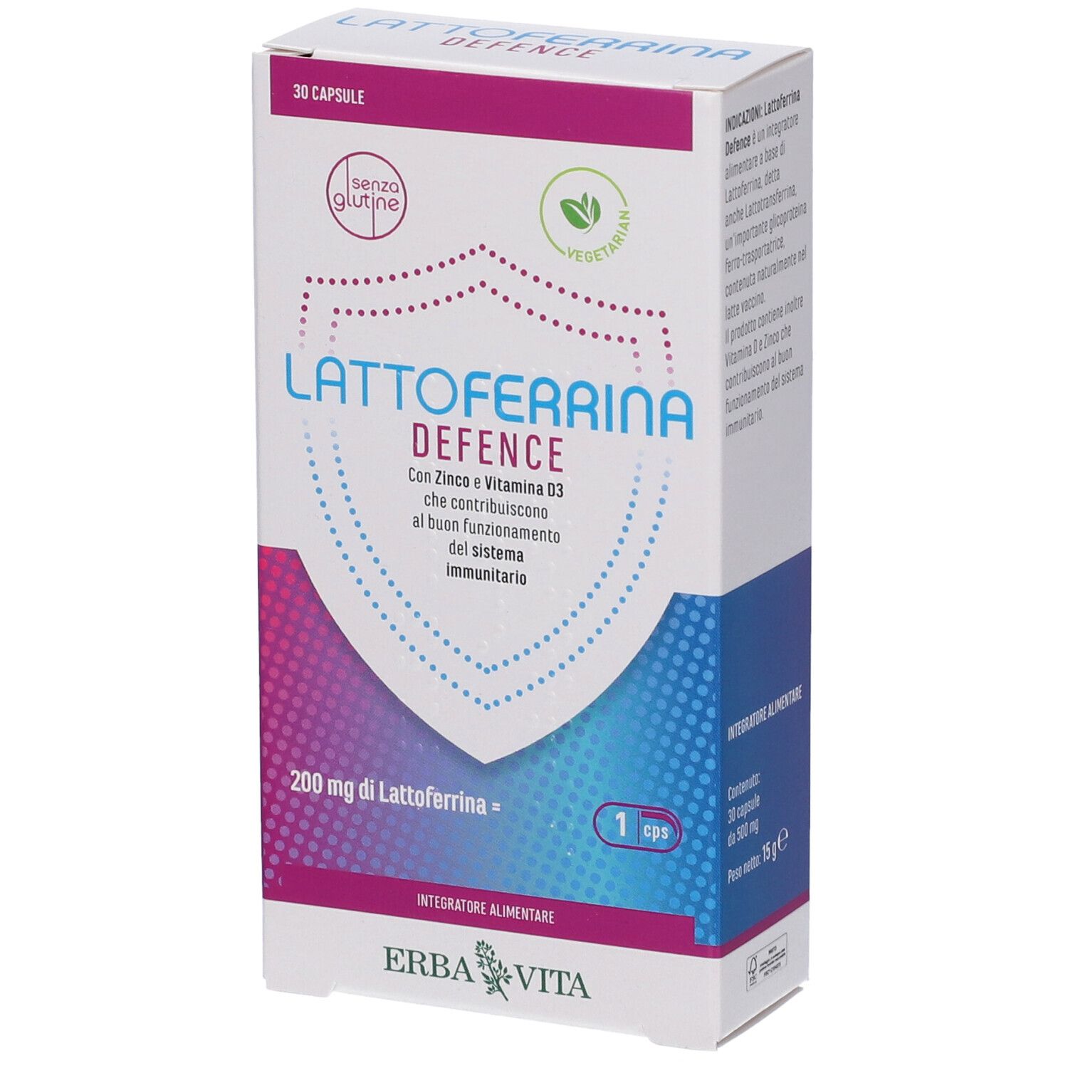 Schachtel mit Lattoferrina Defence Kapseln. Enthält Zink und Vitamin D3. Glutenfrei und vegetarisch.