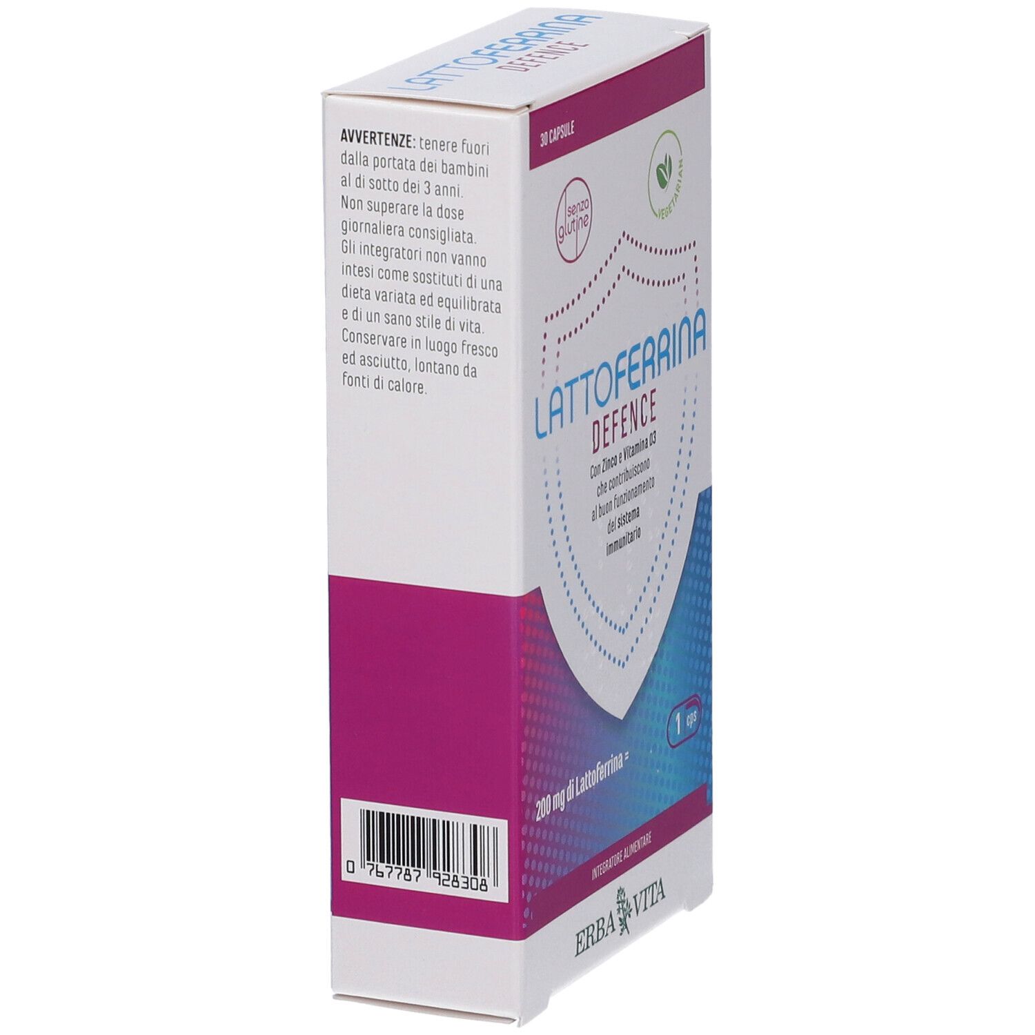 Seitenansicht der Lattoferrina Defence Verpackung. Enthält Informationen und Warnhinweise.