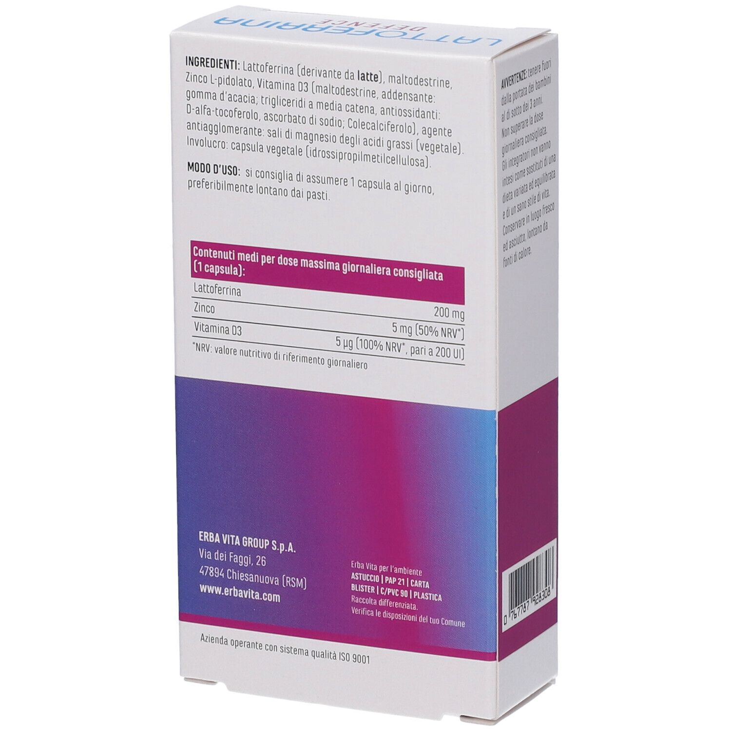 Rückseite der Lattoferrina Defence Verpackung. Enthält Inhaltsstoffe und Nährwertangaben.