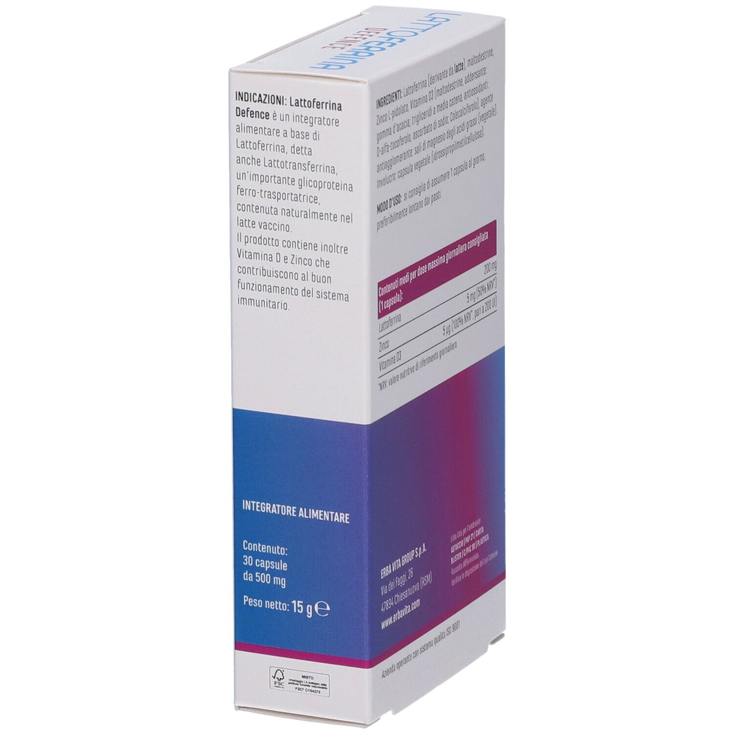 Seitenansicht der Lattoferrina Defence Verpackung. Enthält Informationen zur Anwendung und Inhaltsstoffe.