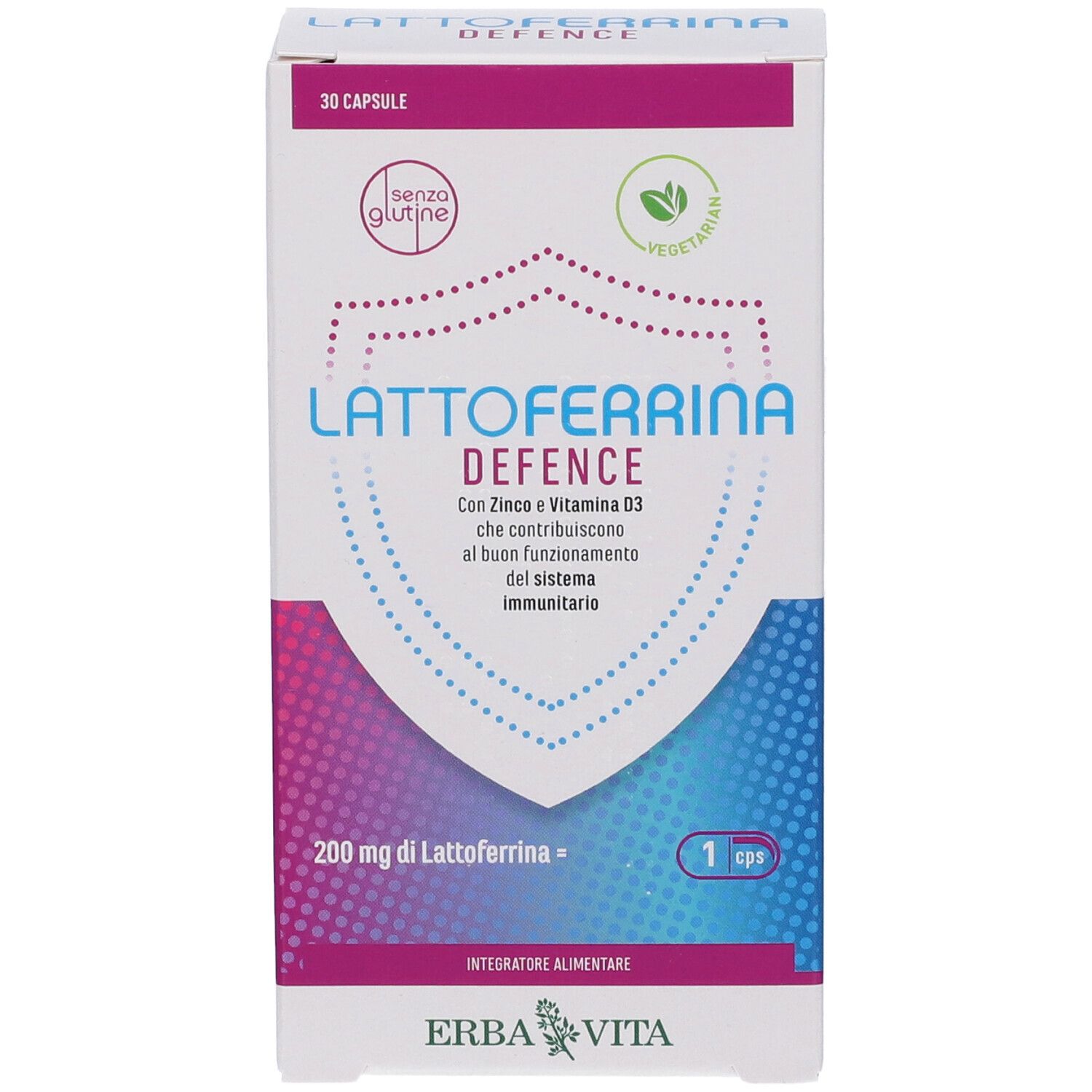 Schachtel mit Lattoferrina Defence Kapseln. Enthält Zink und Vitamin D3. Glutenfrei und vegetarisch.