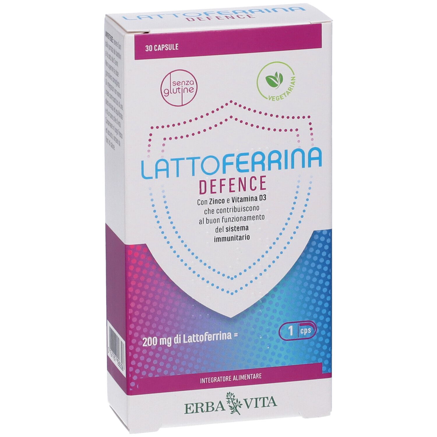 Schachtel mit Lattoferrina Defence Kapseln. Enthält Zink und Vitamin D3. Glutenfrei und vegetarisch.