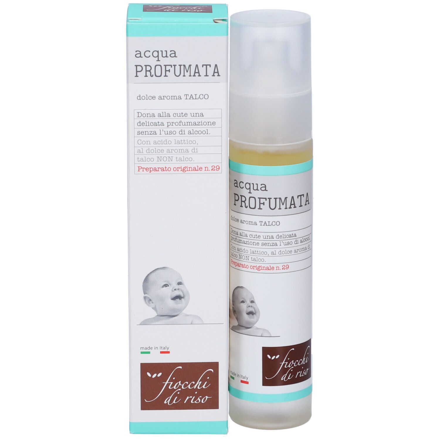 Flakon und Verpackung. Aufschrift: Acqua Profumata, Fiocchi di Riso. Baby-Illustrationen.