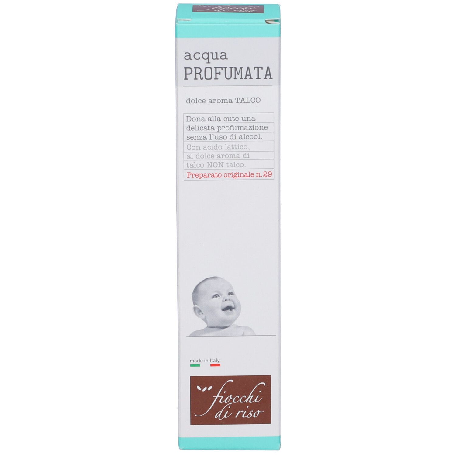 Verpackung. Aufschrift: Acqua Profumata, Fiocchi di Riso. Baby-Illustration.