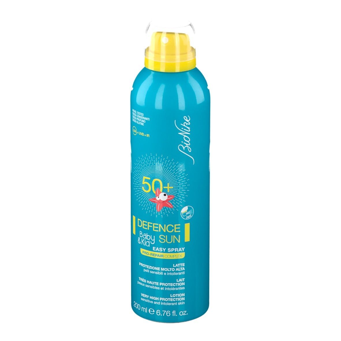 Türkisblaue Sprayflasche mit gelbem Sprühkopf. Aufschrift: Defence Sun Baby & Kid, LSF 50+. Marke: BioNike.