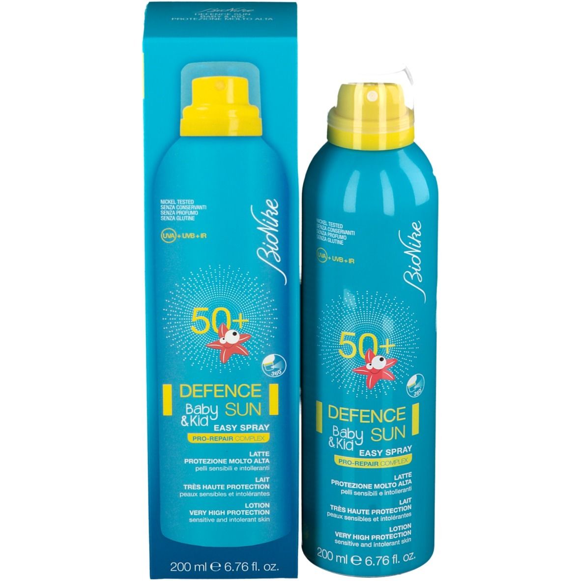 Produktverpackung mit Sprayflasche. Türkisblau, gelber Sprühkopf. Aufschrift: Defence Sun Baby & Kid, LSF 50+. Marke: BioNike.