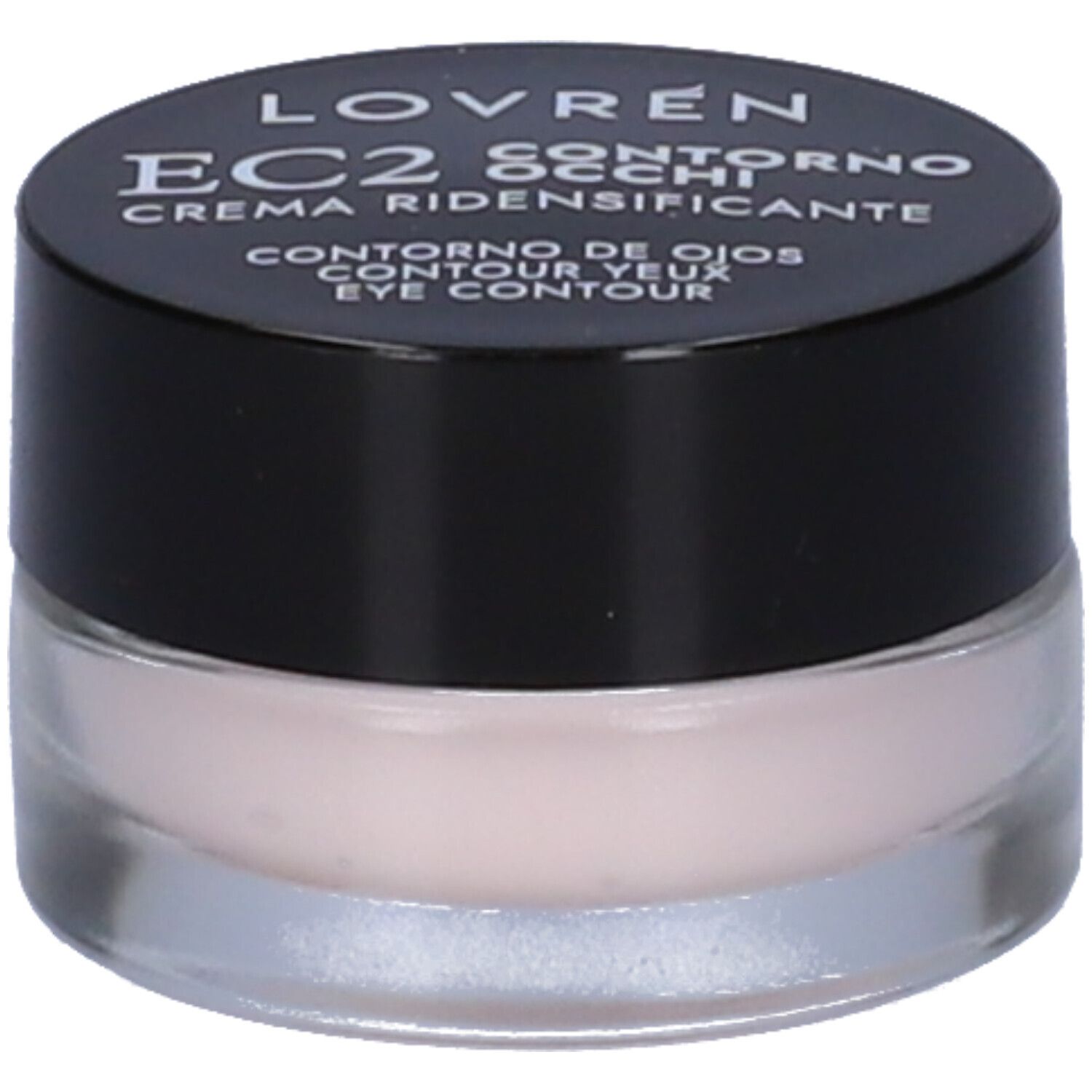 Pot rond avec couvercle noir. Inscription : Lovren EC2 Contorno Occhi Crema Ridensificante. Crème pour les yeux.