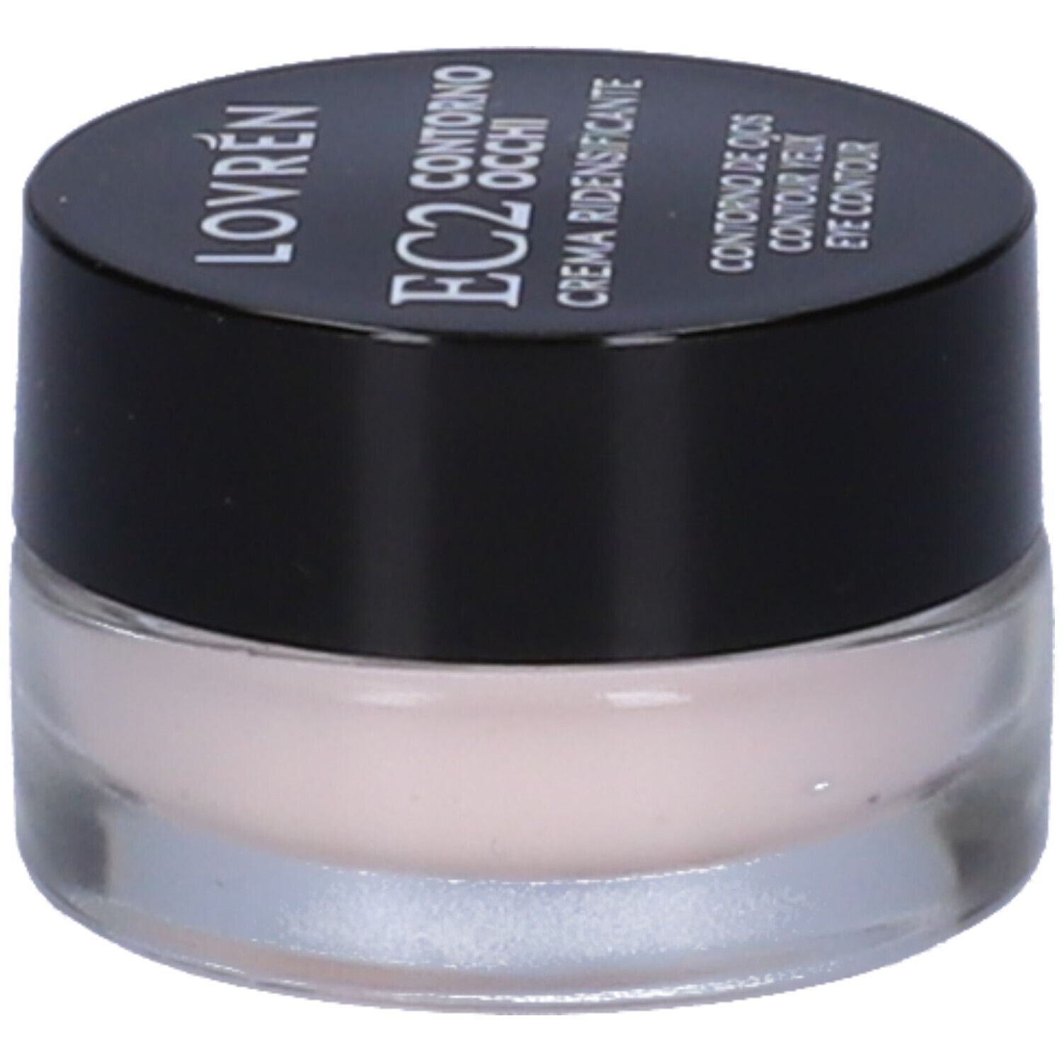 Pot rond avec couvercle noir. Inscription : Lovren EC2 Contorno Occhi Crema Ridensificante. Crème pour les yeux.