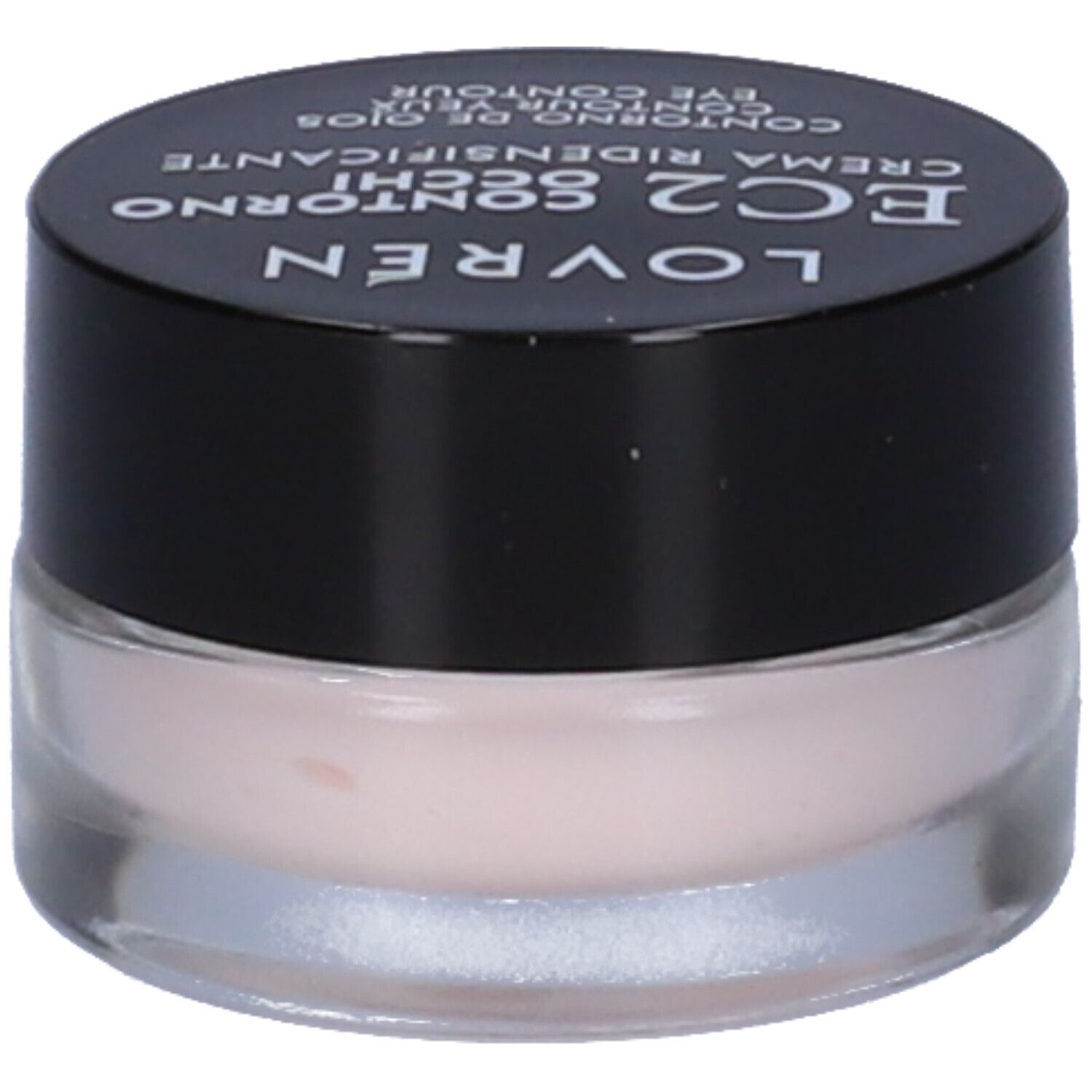 Pot rond avec couvercle noir. Inscription : Lovren EC2 Contorno Occhi Crema Ridensificante. Crème pour les yeux.