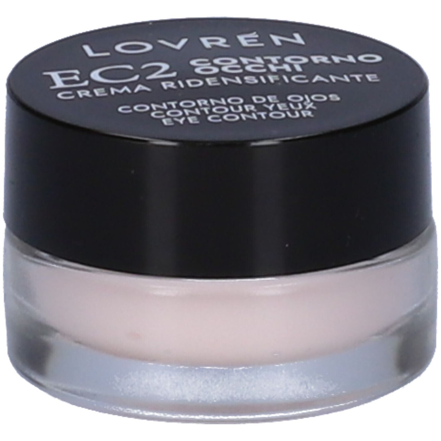 Pot rond avec couvercle noir. Inscription : Lovren EC2 Contorno Occhi Crema Ridensificante. Crème pour les yeux.