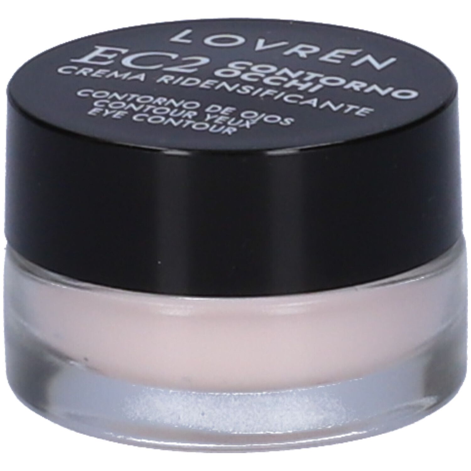 Pot rond avec couvercle noir. Inscription : Lovren EC2 Contorno Occhi Crema Ridensificante. Crème pour les yeux.