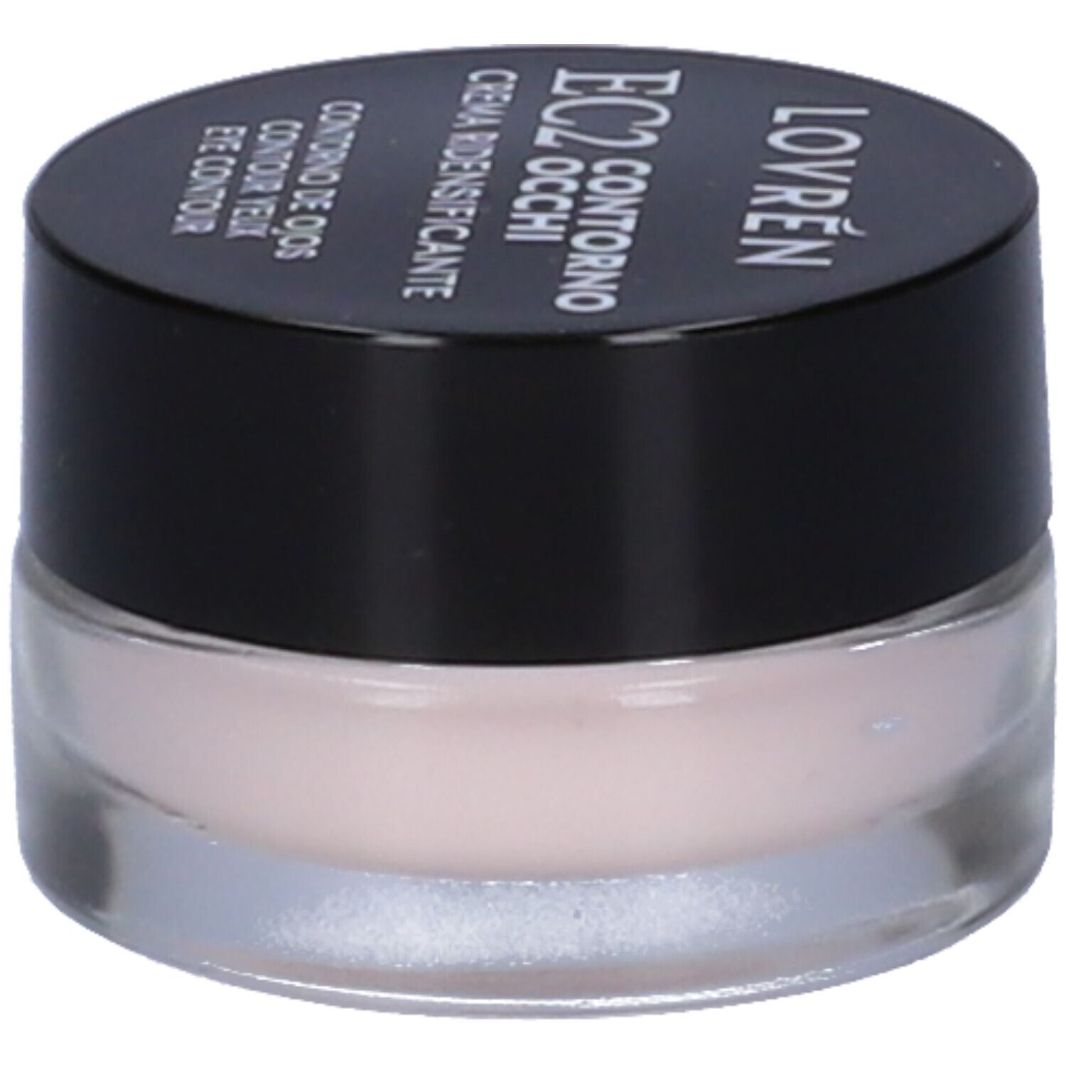 Pot rond avec couvercle noir. Inscription : Lovren EC2 Contorno Occhi Crema Ridensificante. Crème pour les yeux.