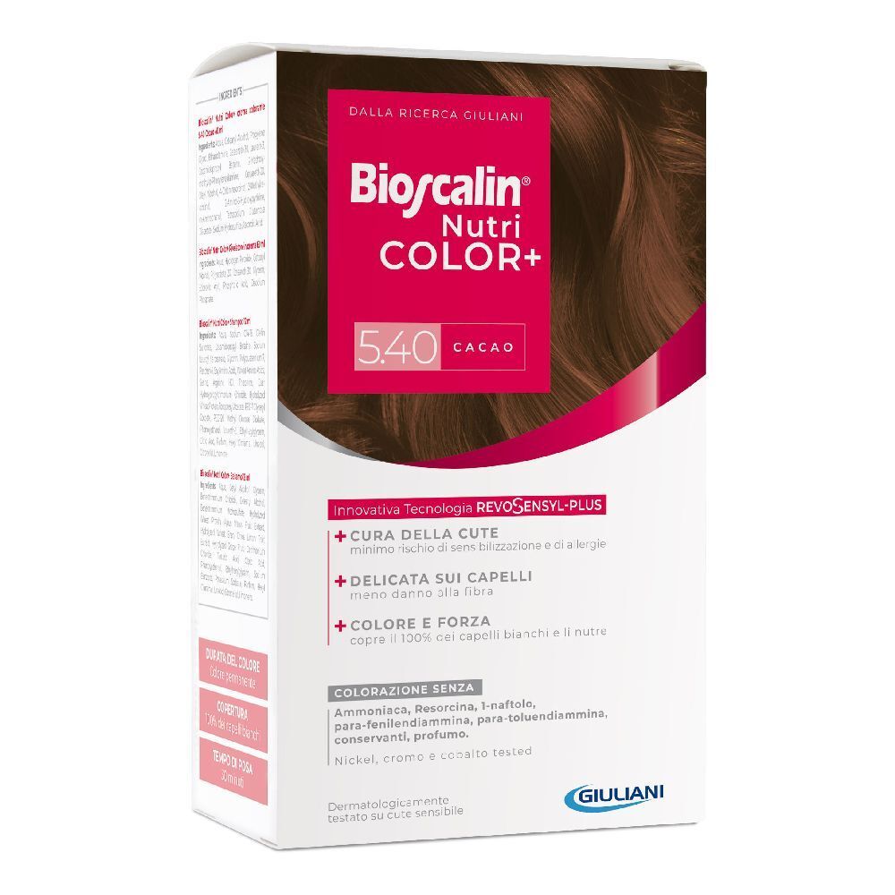 Bioscalin Nutri Color+ 5.40 Kakao-Verpackung. Weißer Karton mit Produktnamen, Farbton und Inhaltsangaben. Giuliani-Logo.