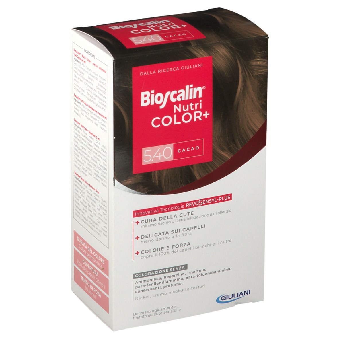 Bioscalin Nutri COLOR+ 5.40 Cacao-Verpackung. Weißer Karton mit Produktnamen, Farbton und Inhaltsangaben. Giuliani-Logo.