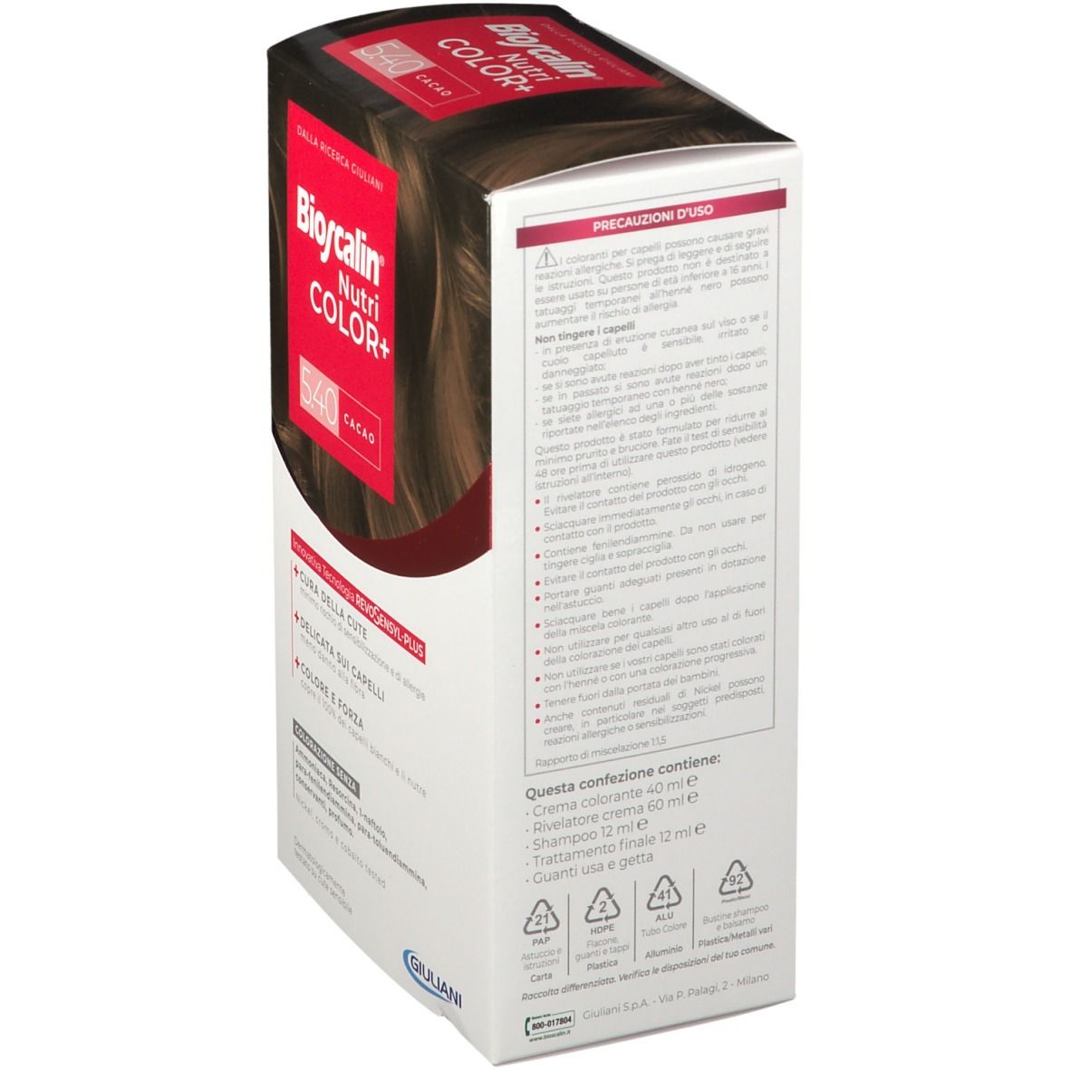 Rückseite der Bioscalin Nutri COLOR+ Verpackung. Textinformationen, Inhaltsstoffe, Vorsichtsmaßnahmen. Giuliani-Logo.