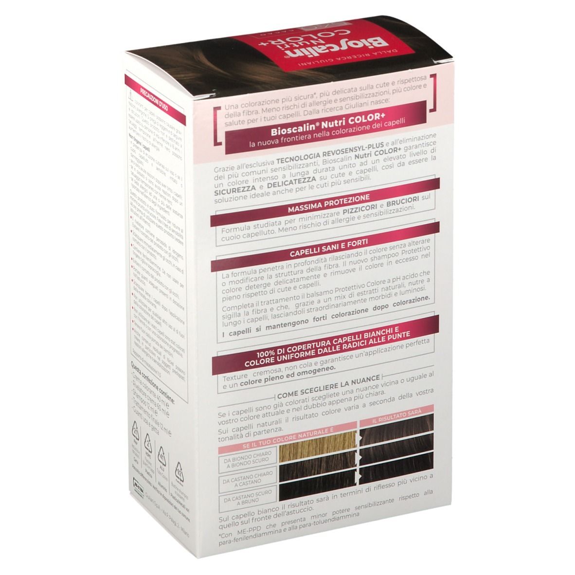 Seite der Bioscalin Nutri COLOR+ Verpackung. Textinformationen, Vorteile, Farbtabelle. Giuliani-Logo.