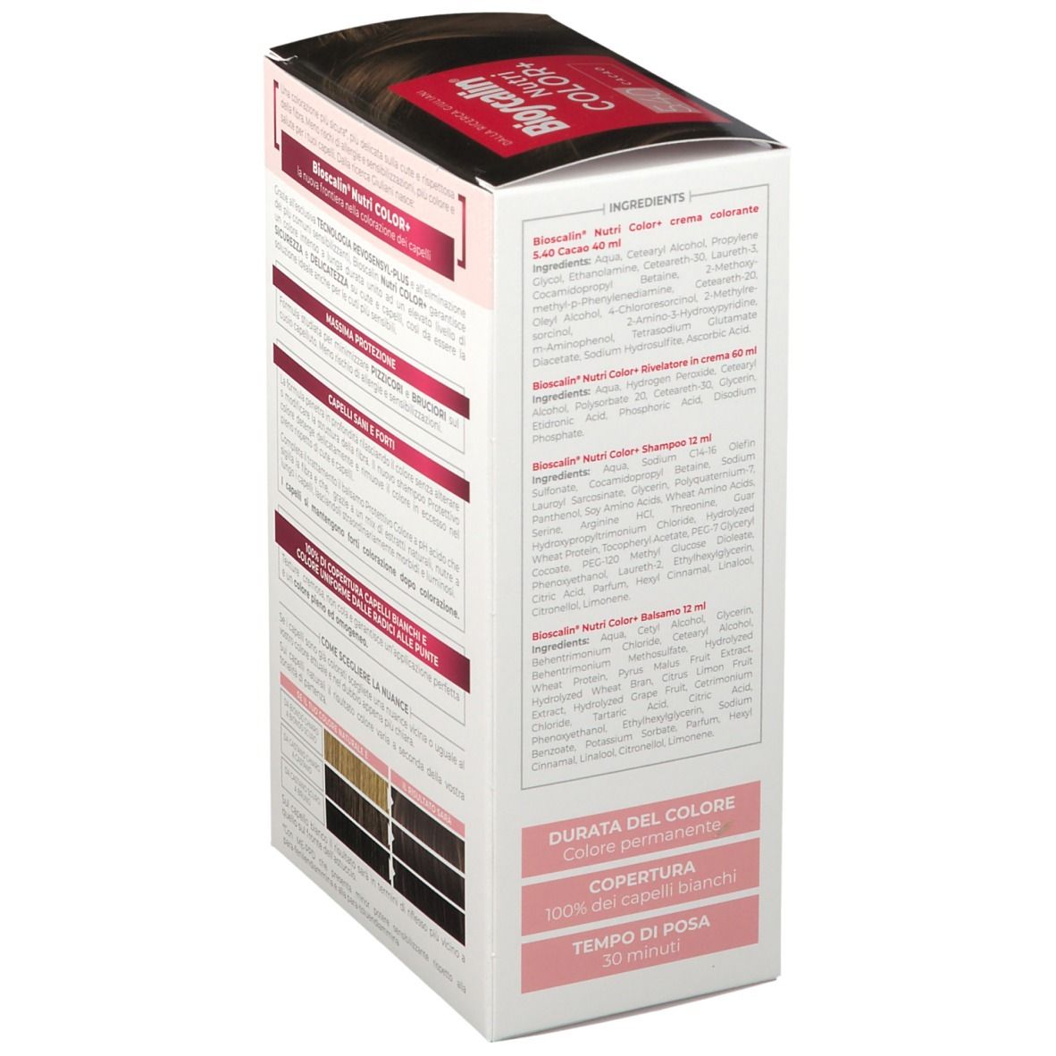 Seite der Bioscalin Nutri COLOR+ Verpackung. Inhaltsstoffe, Anwendungsdauer, Deckkraft. Giuliani-Logo.
