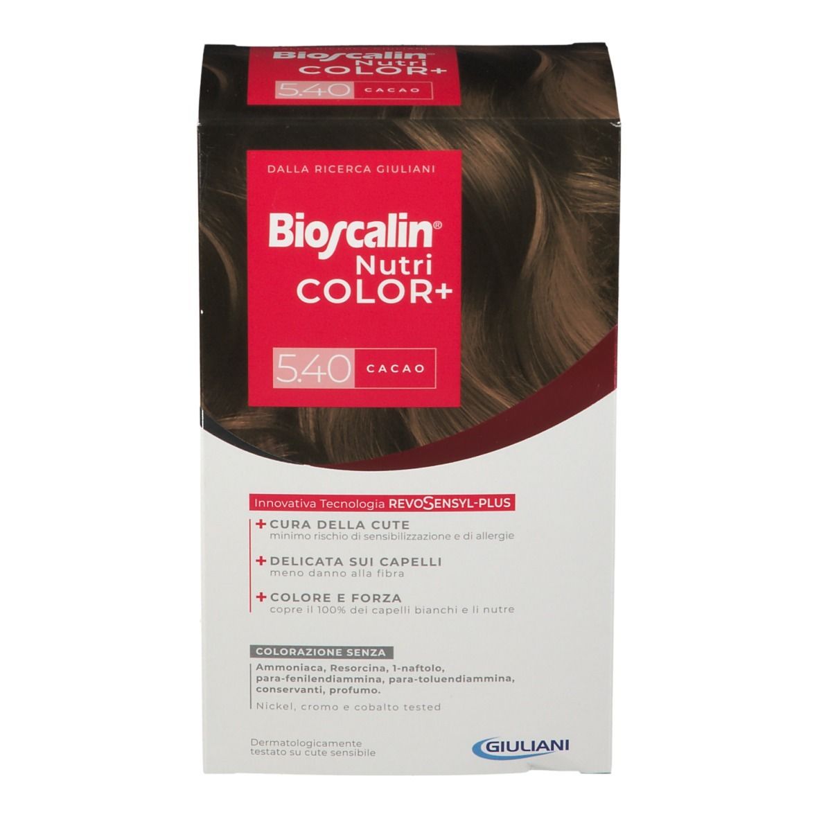 Bioscalin Nutri COLOR+ 5.40 Kakao-Verpackung. Weißer Karton mit Produktnamen, Farbton und Inhaltsangaben. Giuliani-Logo.