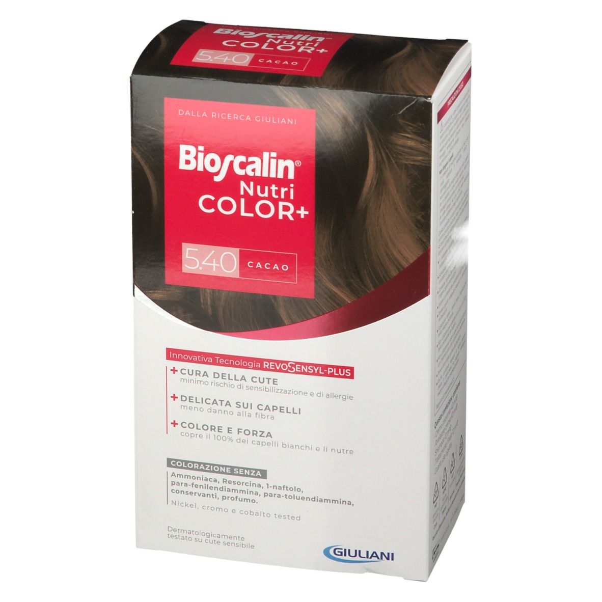 Bioscalin Nutri COLOR+ 5.40 Kakao-Verpackung. Weißer Karton mit Produktnamen, Farbton und Inhaltsangaben. Giuliani-Logo.