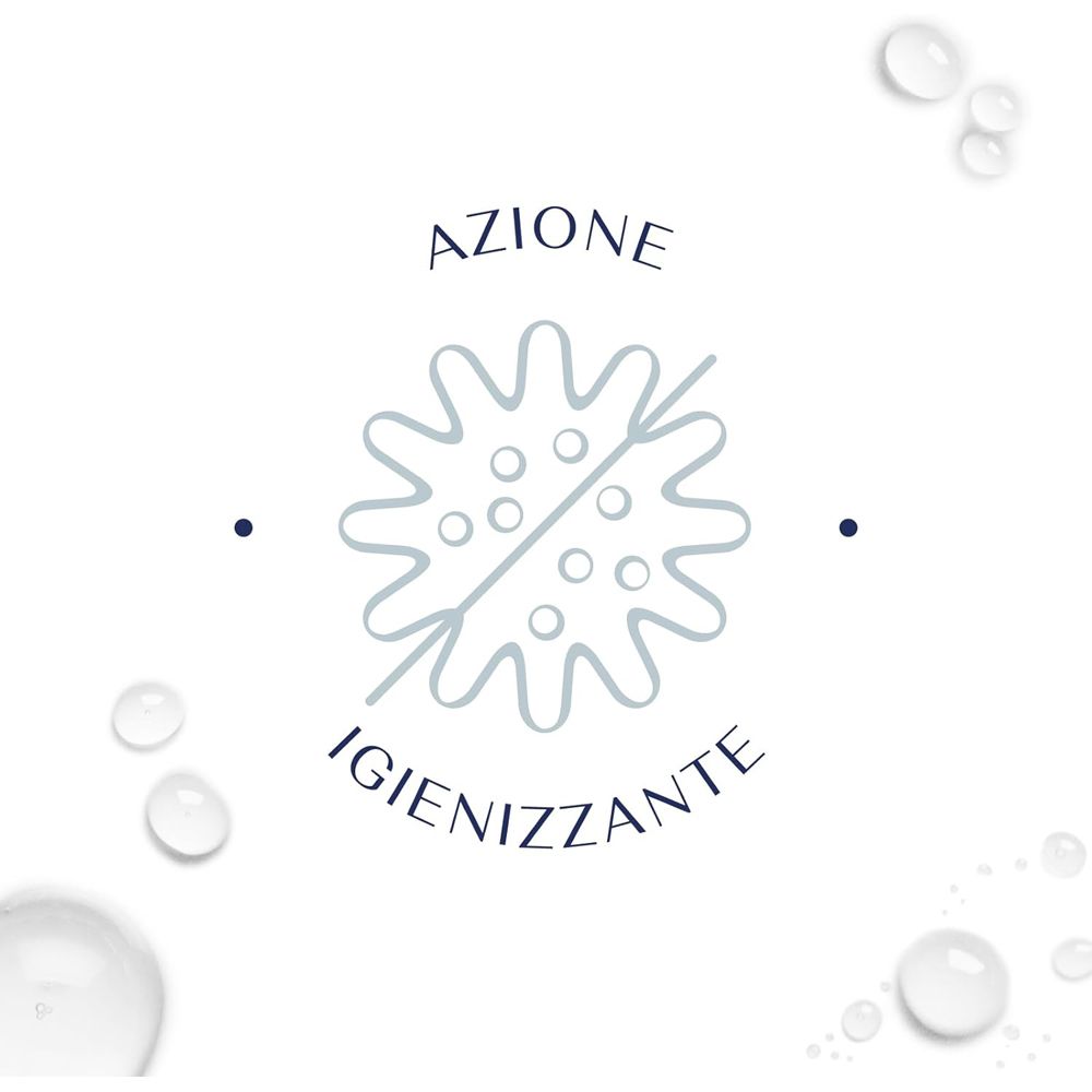 Symbol für Hygiene. Ein Keim wird durchgestrichen. Text: Azione Igienizzante.
