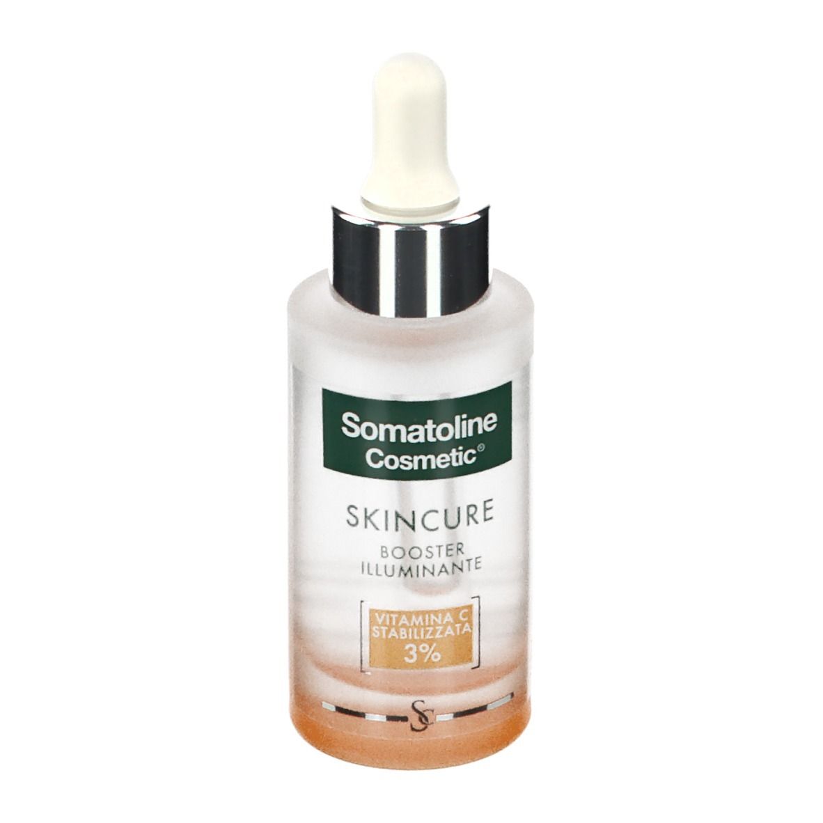Flacon avec pipette. Inscription: Somatoline Cosmetic, Skincure, Booster Illuminante, Vitamine C 3%.