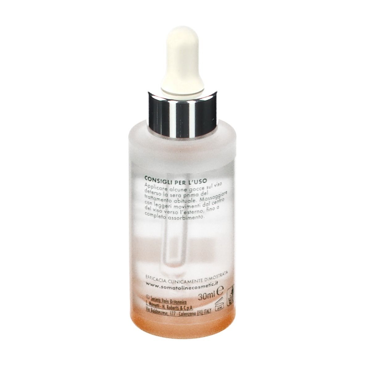 Flacon avec pipette. Inscription: Somatoline Cosmetic, Skincure, Booster Illuminante, Vitamine C 3%.