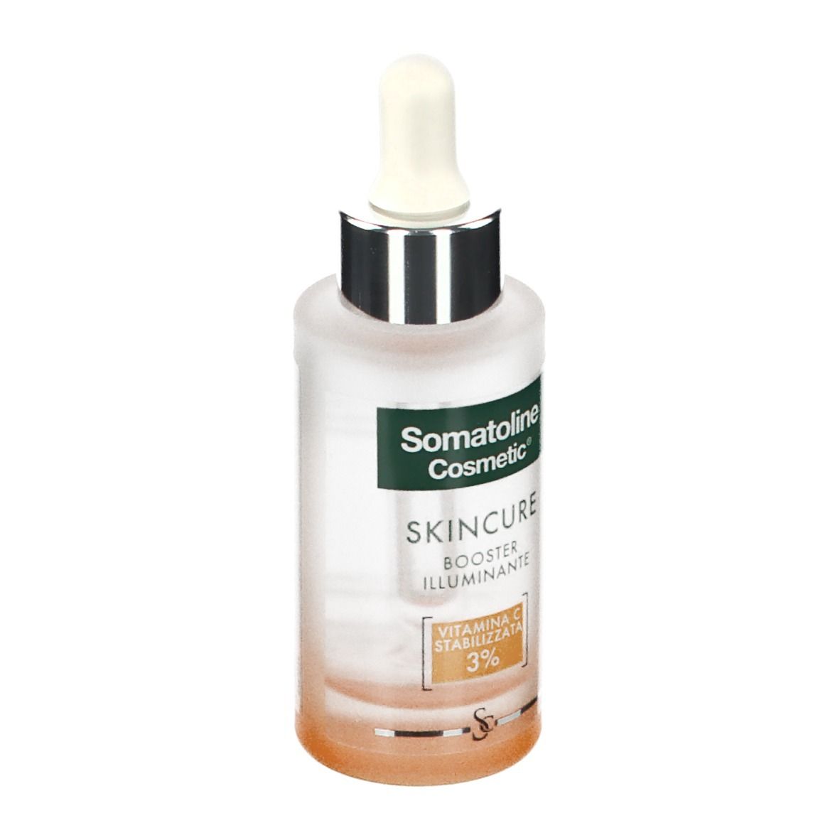 Flacon avec pipette. Inscription: Somatoline Cosmetic, Skincure, Booster Illuminante, Vitamine C 3%.