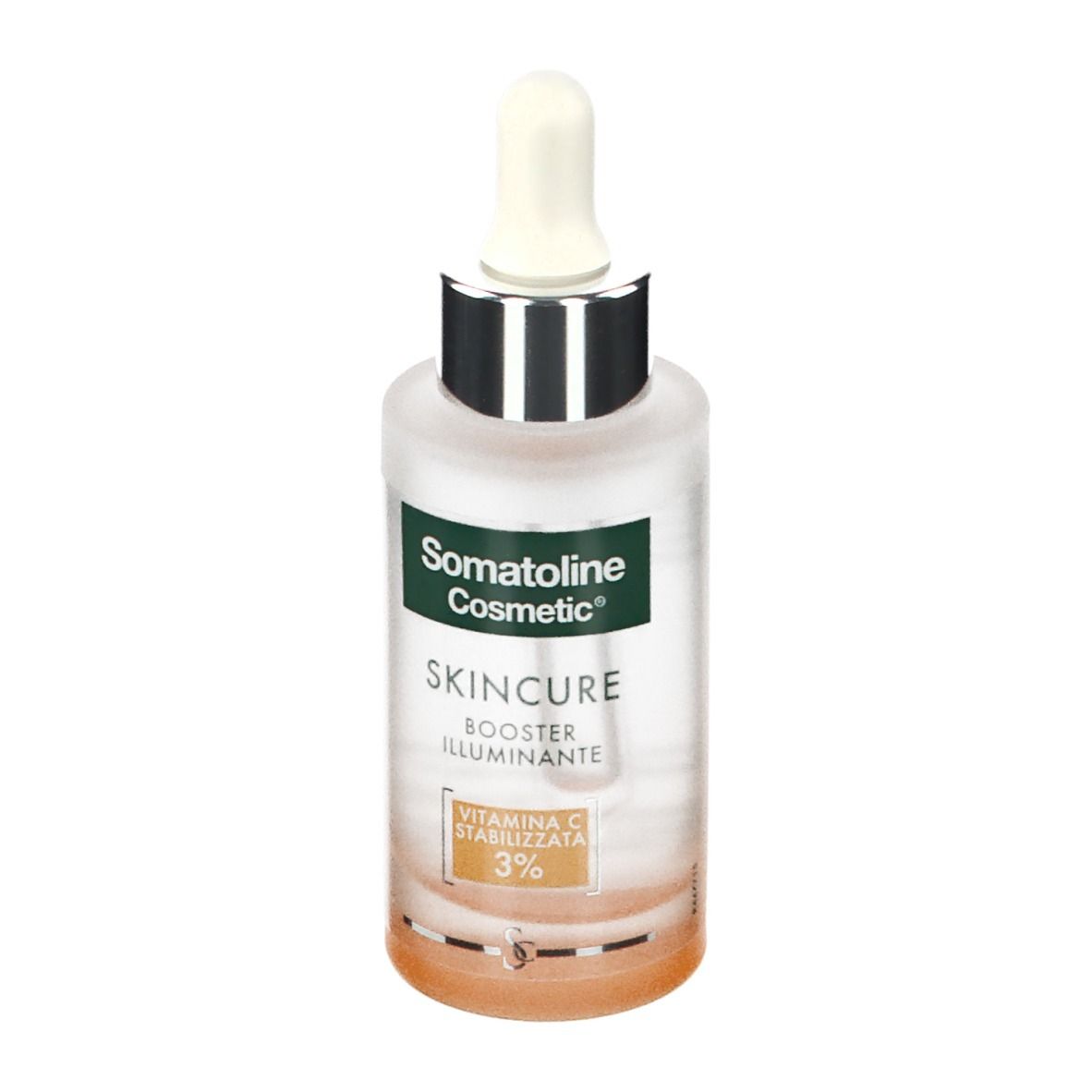 Flacon avec pipette. Inscription: Somatoline Cosmetic, Skincure, Booster Illuminante, Vitamine C 3%.