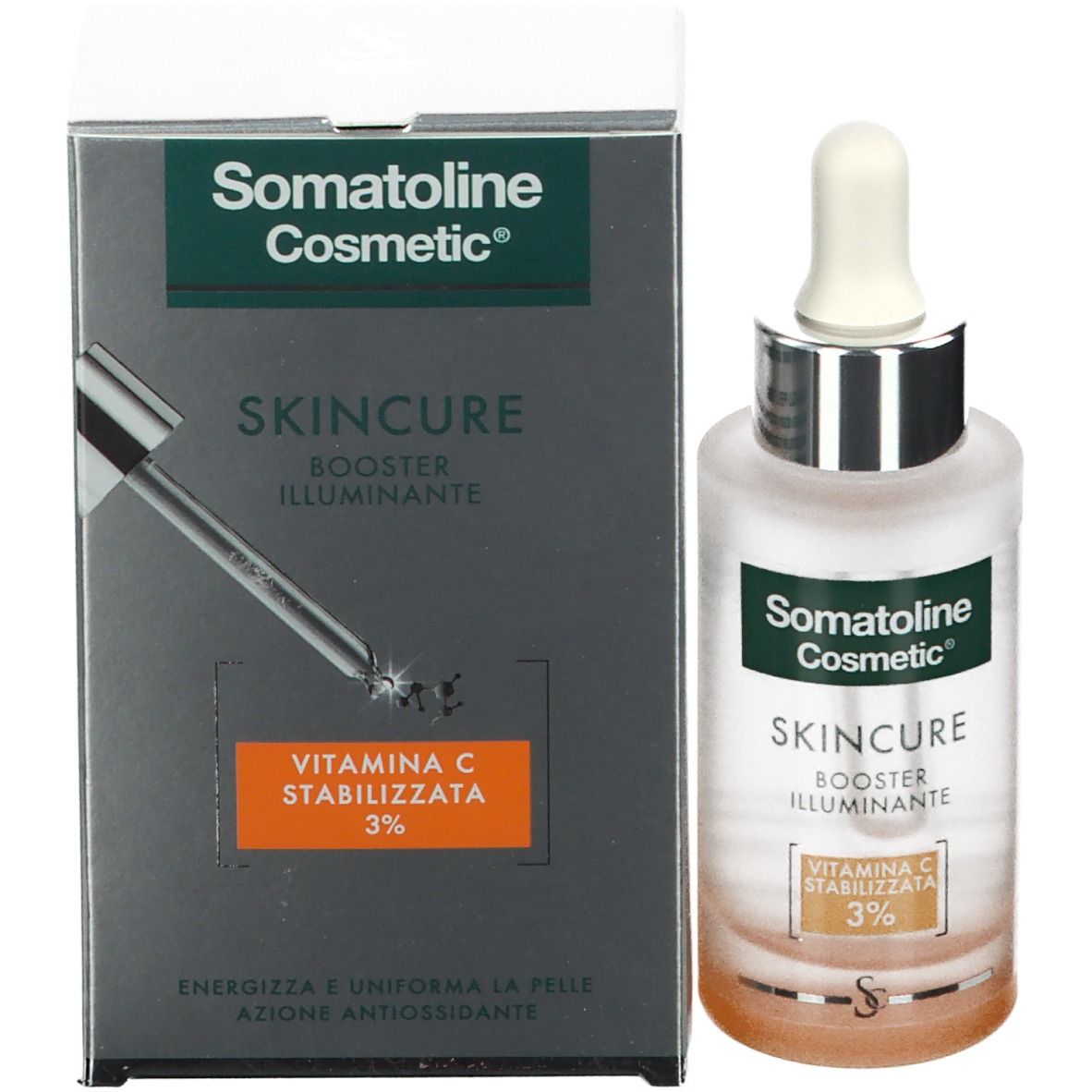 Emballage et flacon. Inscription: Somatoline Cosmetic, Skincure, Booster Illuminante, Vitamine C 3%.