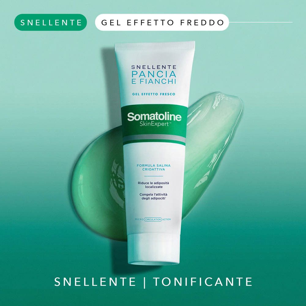 Somatoline Cosmetic® Cryogel Schlankheitsgel für Bauch und Hüften mit einem grünen Gel-Klecks.