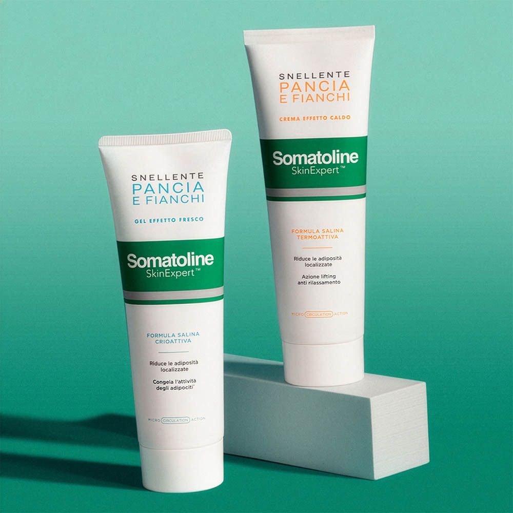 Frau mit Somatoline Cosmetic® Cryogel Schlankheitsgel für Bauch und Hüften.