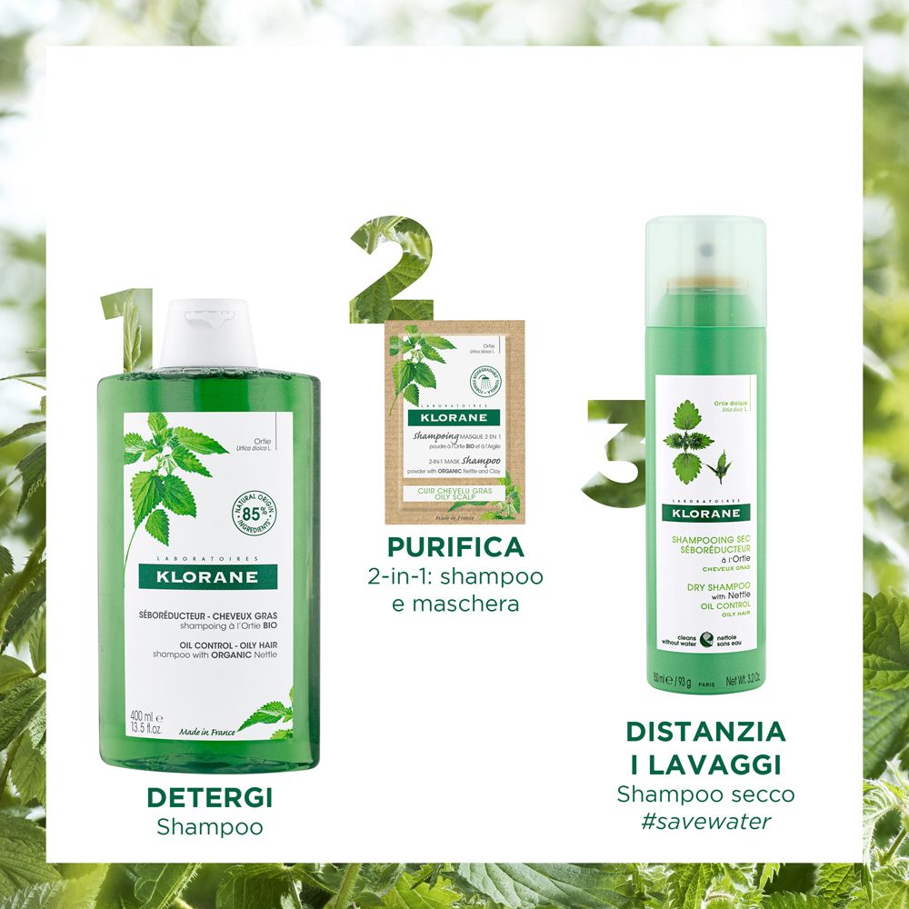 Trois produits KLORANE : shampooing, masque 2-en-1 et shampooing sec. Tous avec logo ortie.
