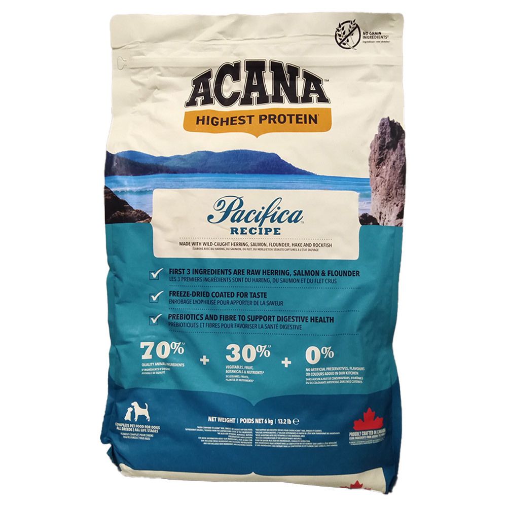 ACANA PACIFICA HUNDEFUTTER 6KG: Frontansicht der Verpackung mit Landschaftsbild und Produktinformationen.