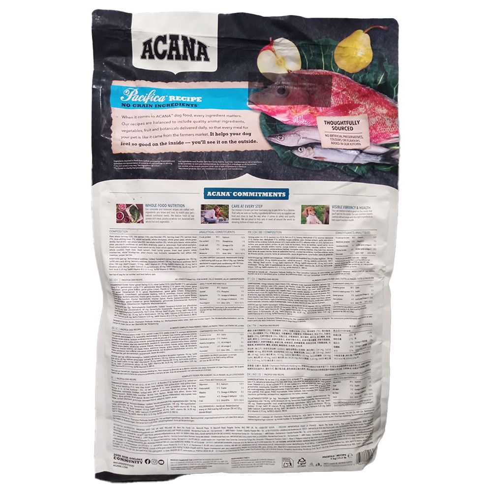 ACANA PACIFICA HUNDEFUTTER 6KG: Rückansicht der Verpackung mit Zutaten und Produktinformationen.