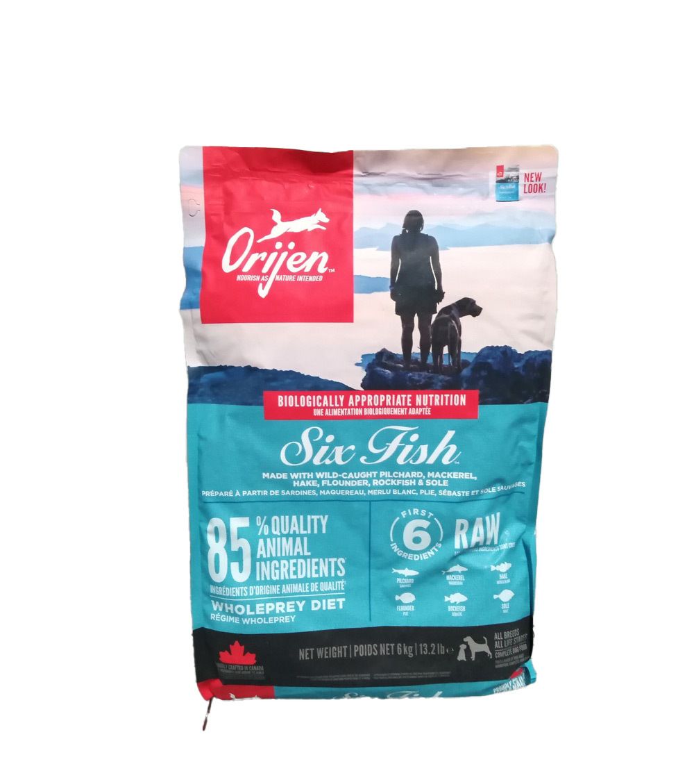 Orijen Six Fish Hundefutter-Beutel. Hauptbestandteile: 85% tierische Zutaten. Enthält 6 Fischarten. Biologisch geeignete Ernährung.
