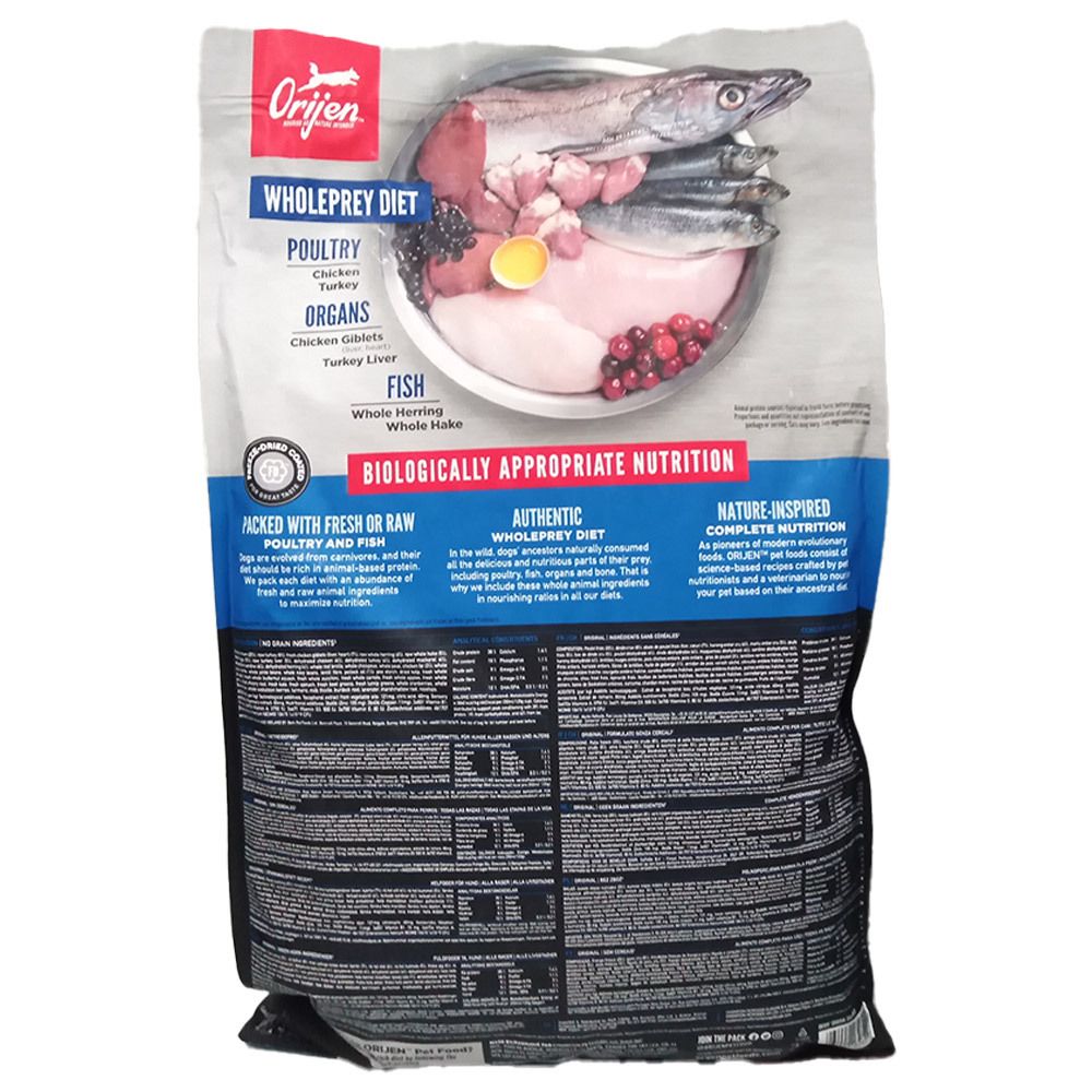 Orijen Original Hundefutter, 6 kg Beutel. Rückseite mit Zutatenbild und Nährwertangaben.