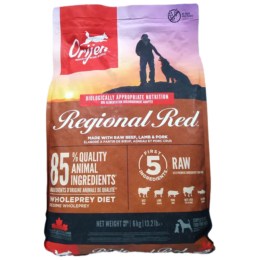 Orijen Regional Red Hundefutter, 6kg Beutel. Biologisch angemessene Ernährung mit 85% tierischen Inhaltsstoffen.